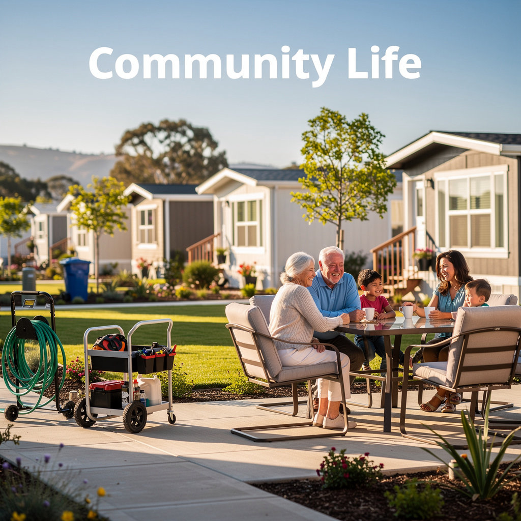 Residents enjoying a community potluck at Holiday Mobile Home Park in Santa Barbara, showcasing social activities and neighborly connections